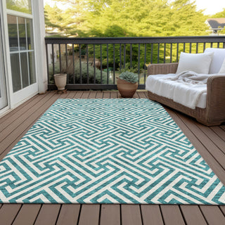 Piper Looms Chantille Geometric ACN731 Teal Machine Washable Area Rug Outdoor Lifestyle Image Feature