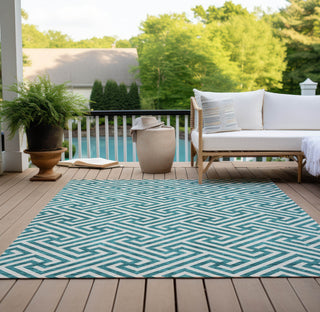 Piper Looms Chantille Geometric ACN731 Teal Machine Washable Area Rug Outdoor Lifestyle Image Feature