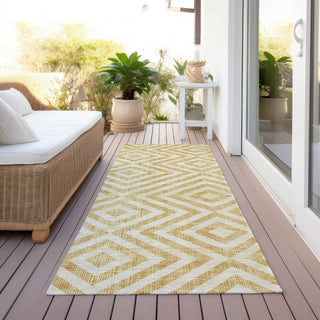 Piper Looms Chantille Geometric ACN733 Gold Machine Washable Area Rug Runner Outdoor Lifestyle Image Feature