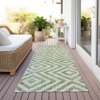 Piper Looms Chantille Geometric ACN733 Green Machine Washable Area Rug Runner Outdoor Lifestyle Image Feature