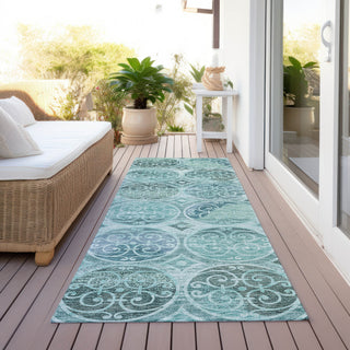 Piper Looms Chantille Circles ACN738 Teal Machine Washable Area Rug Runner Outdoor Lifestyle Image Feature