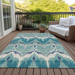 Piper Looms Chantille Ikat ACN743 Teal Machine Washable Area Rug Outdoor Lifestyle Image Feature