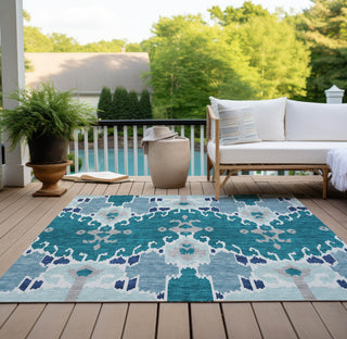 Piper Looms Chantille Ikat ACN748 Teal Machine Washable Area Rug Outdoor Lifestyle Image Feature
