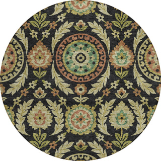 Piper Looms Chantille Floral ACN751 Black Machine Washable Area Rug Round Main Image