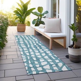 Piper Looms Chantille Squares ACN754 Teal Machine Washable Area Rug Runner Outdoor Lifestyle Image Feature