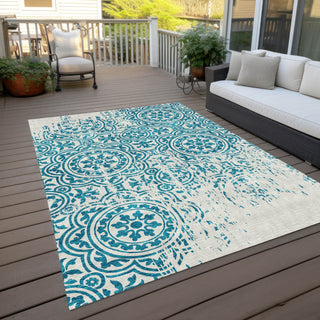 Piper Looms Chantille Medallions ACN758 Teal Machine Washable Area Rug Outdoor Lifestyle Image Feature