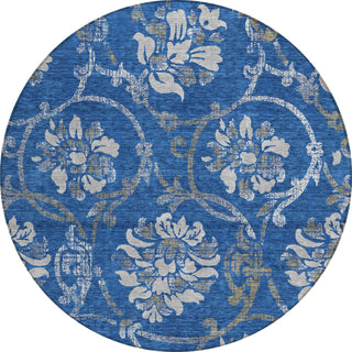 Piper Looms Chantille Floral ACN762 Blue Machine Washable Area Rug Round Main Image
