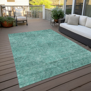 Piper Looms Chantille Geometric ACN777 Teal Machine Washable Area Rug Outdoor Lifestyle Image Feature