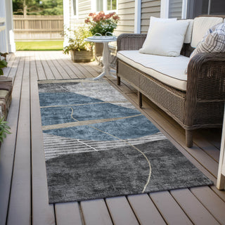 Piper Looms Chantille Modern ACN804 Blue Machine Washable Area Rug Runner Outdoor Lifestyle Image Feature