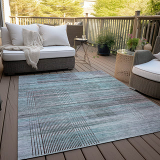 Piper Looms Chantille Stripes ACN819 Teal Machine Washable Area Rug Outdoor Lifestyle Image Feature