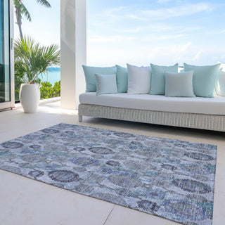 Piper Looms Chantille Damask ACN821 Blue Machine Washable Area Rug Outdoor Lifestyle Image Feature