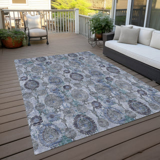Piper Looms Chantille Damask ACN821 Blue Machine Washable Area Rug Outdoor Lifestyle Image Feature