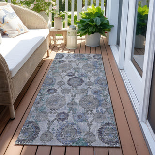 Piper Looms Chantille Damask ACN821 Blue Machine Washable Area Rug Runner Outdoor Lifestyle Image Feature