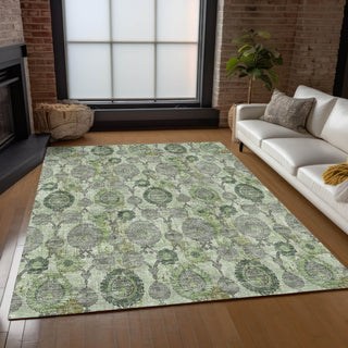 Piper Looms Chantille Damask ACN821 Green Machine Washable Area Rug Lifestyle Image Feature