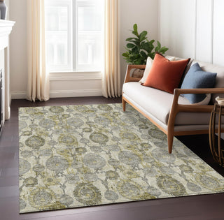 Piper Looms Chantille Damask ACN821 Khaki Machine Washable Area Rug Lifestyle Image Feature