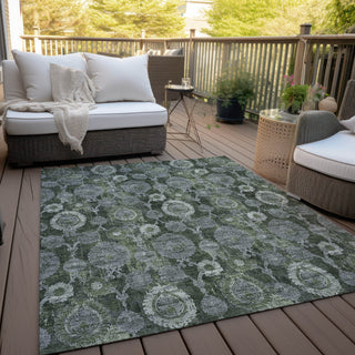 Piper Looms Chantille Damask ACN821 Olive Machine Washable Area Rug Outdoor Lifestyle Image Feature