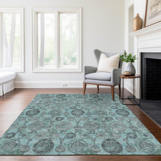 Piper Looms Chantille Damask ACN821 Turquoise Machine Washable Area Rug Lifestyle Image Feature