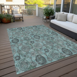Piper Looms Chantille Damask ACN821 Turquoise Machine Washable Area Rug Outdoor Lifestyle Image Feature