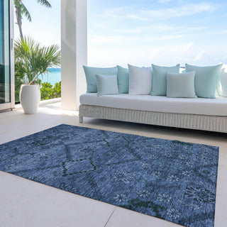 Piper Looms Chantille Floral ACN842 Navy Machine Washable Area Rug Outdoor Lifestyle Image Feature