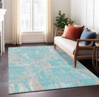 Piper Looms Chantille Geometric ACN855 Teal Machine Washable Area Rug Lifestyle Image Feature