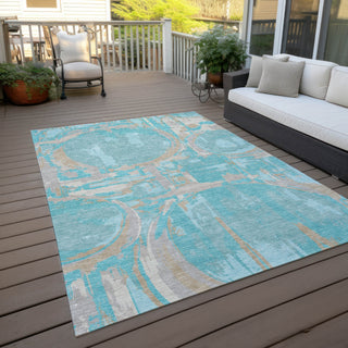 Piper Looms Chantille Geometric ACN855 Teal Machine Washable Area Rug Outdoor Lifestyle Image Feature