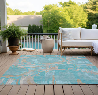 Piper Looms Chantille Geometric ACN855 Teal Machine Washable Area Rug Outdoor Lifestyle Image Feature
