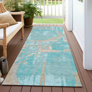 Piper Looms Chantille Geometric ACN855 Teal Machine Washable Area Rug Runner Outdoor Lifestyle Image Feature
