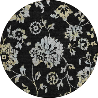 Piper Looms Chantille Floral ACN856 Black Machine Washable Area Rug Round Main Image