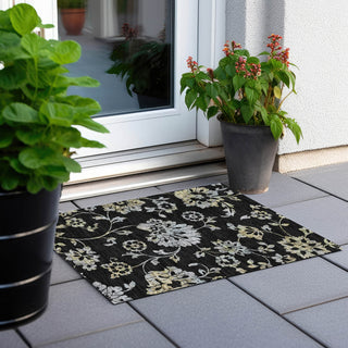 Piper Looms Chantille Floral ACN856 Black Machine Washable Area Rug Scatter Outdoor Lifestyle Image Feature