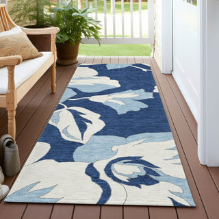 Piper Looms Chantille Floral ACN857 Navy Machine Washable Area Rug Runner Outdoor Lifestyle Image Feature