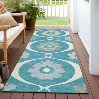 Piper Looms Chantille Medallions ACN858 Teal Machine Washable Area Rug Runner Outdoor Lifestyle Image Feature