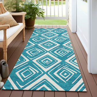 Piper Looms Chantille Diamonds ACN862 Teal Machine Washable Area Rug Runner Outdoor Lifestyle Image Feature