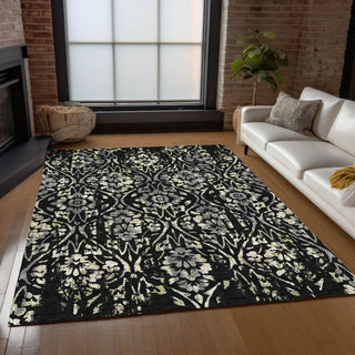 Piper Looms Chantille Floral ACN868 Black Machine Washable Area Rug Lifestyle Image Feature