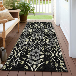 Piper Looms Chantille Floral ACN868 Black Machine Washable Area Rug Runner Outdoor Lifestyle Image Feature
