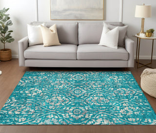 Piper Looms Chantille Floral ACN868 Teal Machine Washable Area Rug Lifestyle Image Feature
