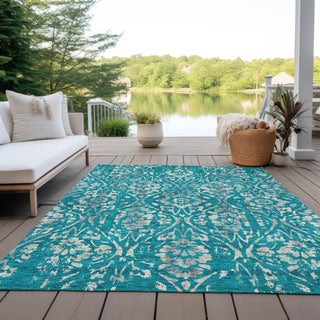 Piper Looms Chantille Floral ACN868 Teal Machine Washable Area Rug Outdoor Lifestyle Image Feature
