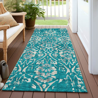 Piper Looms Chantille Floral ACN868 Teal Machine Washable Area Rug Runner Outdoor Lifestyle Image Feature