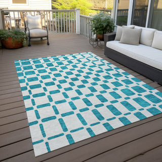 Piper Looms Chantille Squares ACN871 Teal Machine Washable Area Rug Outdoor Lifestyle Image Feature