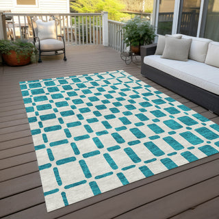 Piper Looms Chantille Squares ACN871 Teal Machine Washable Area Rug Outdoor Lifestyle Image Feature