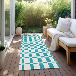 Piper Looms Chantille Squares ACN871 Teal Machine Washable Area Rug Runner Outdoor Lifestyle Image Feature