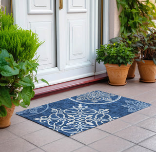 Piper Looms Chantille Scrolls ACN874 Navy Machine Washable Area Rug Scatter Outdoor Lifestyle Image Feature