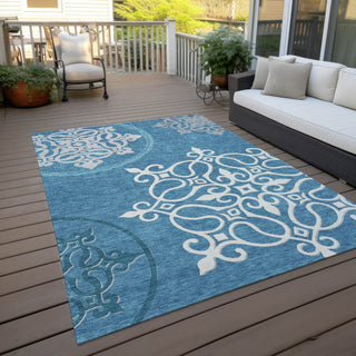 Piper Looms Chantille Scrolls ACN874 Teal Machine Washable Area Rug Outdoor Lifestyle Image Feature