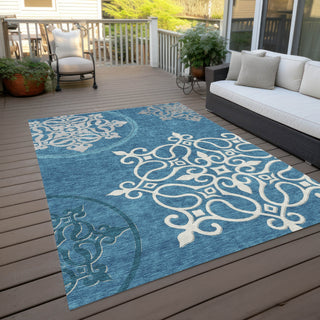 Piper Looms Chantille Scrolls ACN874 Teal Machine Washable Area Rug Outdoor Lifestyle Image Feature