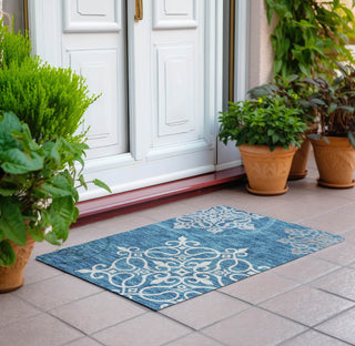 Piper Looms Chantille Scrolls ACN874 Teal Machine Washable Area Rug Scatter Outdoor Lifestyle Image Feature