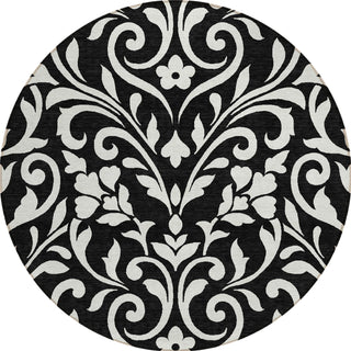 Piper Looms Chantille Floral ACN875 Black Machine Washable Area Rug Round Main Image