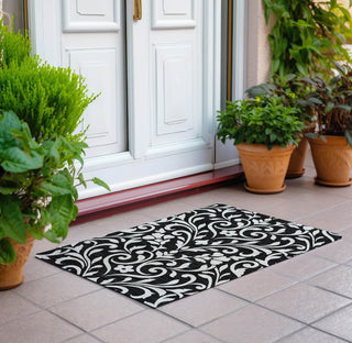 Piper Looms Chantille Floral ACN875 Black Machine Washable Area Rug Scatter Outdoor Lifestyle Image Feature