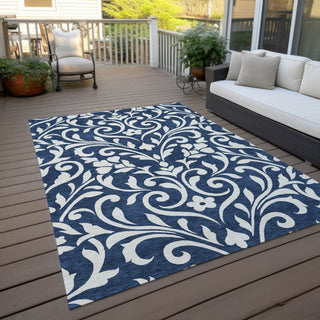 Piper Looms Chantille Floral ACN875 Navy Machine Washable Area Rug Outdoor Lifestyle Image Feature