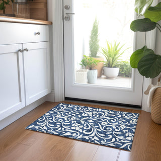 Piper Looms Chantille Floral ACN875 Navy Machine Washable Area Rug Scatter Lifestyle Image Feature