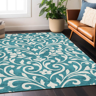 Piper Looms Chantille Floral ACN875 Teal Machine Washable Area Rug Lifestyle Image Feature