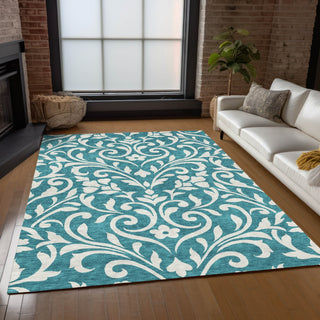 Piper Looms Chantille Floral ACN875 Teal Machine Washable Area Rug Lifestyle Image Feature
